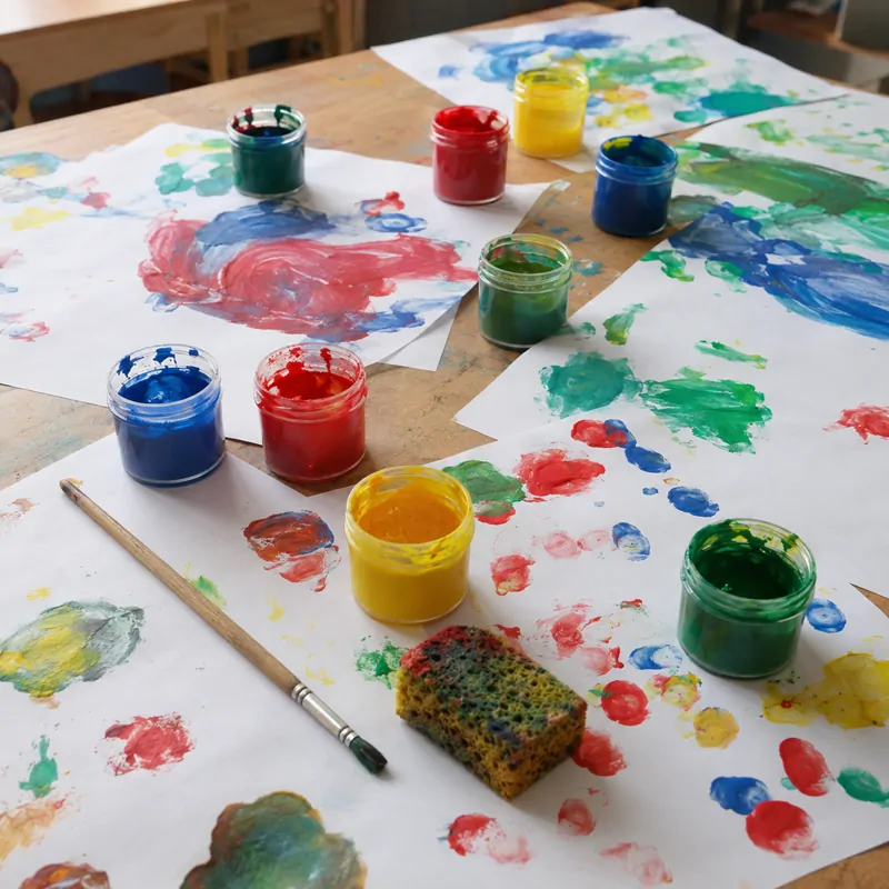 Hojas pintadas con los dedos y estampadas con esponja sobre la mesa del salón, junto a frascos de témpera