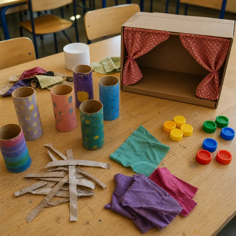 Tubos de cartón pintados, tapas de botella, retazos de tela y un teatro de sombras armado con una caja de cartón